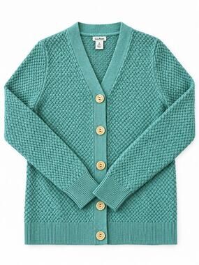 LL Bean Cosy Green Chunky Knit Cardigan Womens Sz L Essential Basic Staple